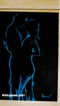 Pintura love couple hugging, ilusion blue smoke