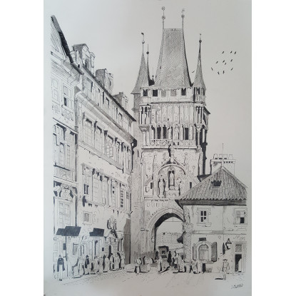 Torre sobre puente en 1835 (Praga)